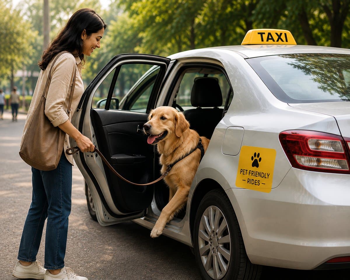 A golden retriever hopping into a pet-friendly cab beside its owner